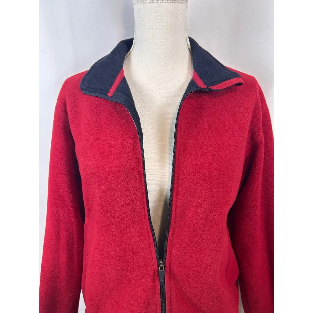 Lands End Womens Red Fleece Full Zip Jacket Navy‎ Blue Neck Outdoor Layering S